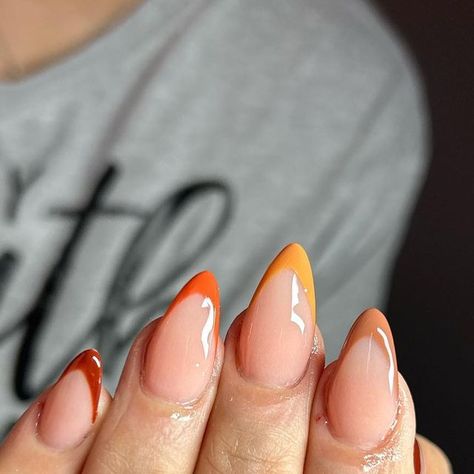 Ashley Lebrón on Instagram: "Fall almond frenchies 🍂🍁 . .using @beetlesgelpolish Fall Harvest collection @beetles_community  . #nofilterjustsazon #acrylicnails #nails #nailsarelife #nailporn #nailsoftheday #explore #explorepage #chicagonails #momnailtech #chicagonailtech #latinanails #puertoricannailtech #fallnails #frenchtipnails #nudenails" Fall Nail Inspo Almond Simple French, Fall Colored French Tip Nails, French Tip Nails Fall Colors, Fall Tips Nails, Almond Frenchies, Beetle Nails, Harvest Nails, Fall Nails French, Fall French Tips