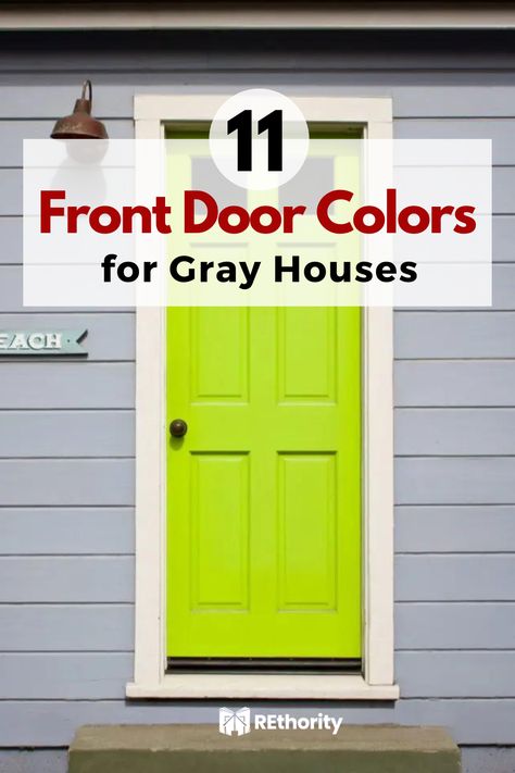 Are you having trouble deciding on a front door color for your gray house? Look no further! From subtle hues of gray to the most vibrant colors of the rainbow, this article will provide you with the best ideas for finding the perfect front door color for your gray house. Read on to discover the perfect color combination for your home. Colored Front Doors On Gray Houses, Gray House Colored Door, Purple Front Door Grey House, Grey House Door Color Ideas, Front Door Colors With Gray Siding, Front Door Colors For Gray House, Gray Houses, Grey Vinyl Siding, Dark Grey Houses