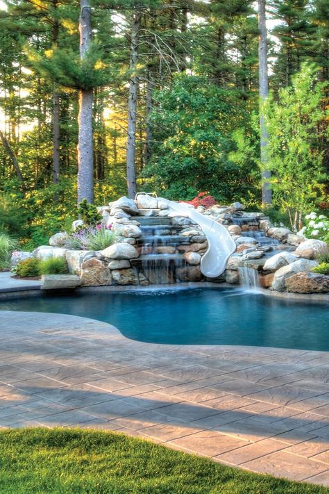 Slope Backyard Pool Ideas, Cascading Pool Waterfall, Slides For Pools, Small Pool On Sloped Yard, Backyard Pool Slide, Budget Friendly Pool Ideas, Man Made Beach Backyard, Slide On Hill, Lagoon Pool Backyard Oasis