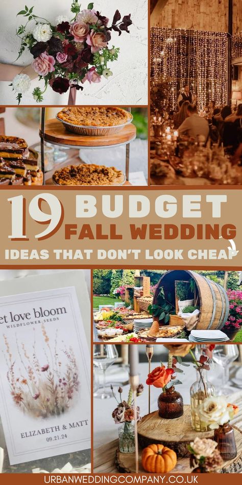 19 Budget Friendly Fall Wedding Ideas your will love. Looking stylish but affordable fall wedding ideas? head to the blog for ideas that look anything but cheap. From backyeard wedding, to barn vibes we have you covered. Outdoor Wedding Fall Ideas, Fall Outdoor Wedding Decorations, Inexpensive Wedding Flowers Fall, Fall Wedding Cricut Ideas, Indoor Fall Wedding Reception, Fall Wedding On A Budget Diy, Wedding Decorations For Fall, Outdoor Fall Wedding Ideas October Decor, Antique Fall Wedding