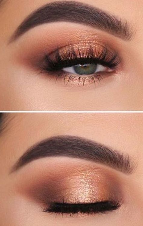 Gold And Brown Eyeshadow Looks, Copper Makeup For Blue Eyes, Wedding Makeup Gold Eyeshadow, Rust Colored Makeup, Makeup For Copper Dress, Autumn Wedding Makeup Brown Eyes, Terracotta Eye Makeup, Golden Makeup Look For Brown Eyes, Bronze Makeup Wedding