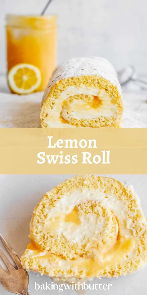 Swiss roll slice with lemon in the background. Swiss Roll Filling Ideas, Mini Swiss Rolls Recipe, Lemon Swiss Roll Cake, Swiss Roll Recipes, Lemon Jelly Roll Cake, Sponge Cake Roll Recipe, Lemon Roll Cake Recipe, Lemon Roll Cake, Lemon Roulade