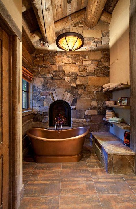 Amazing Stone Wall, Beam Ceiling, Bras Bathtub Log Cabin Bathroom Ideas, Log Cabin Bathroom, Luxury Fireplace, Log Cabin Furniture, Log Home Living, Cabin Bathrooms, Rustic Bathroom Designs, Cabin Living, Rustic Bathrooms