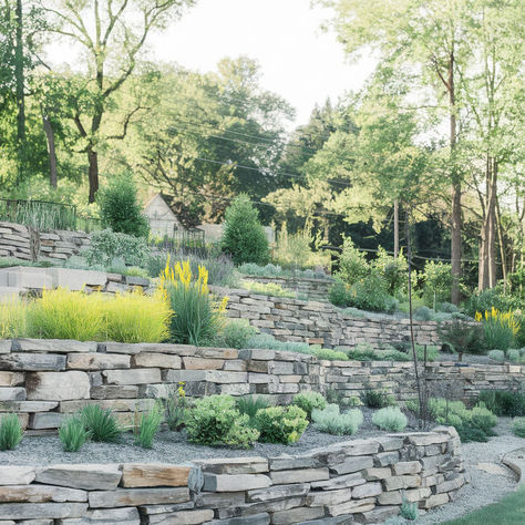 Inspiring Hillside Landscaping Ideas Backyard Landscaping On Slope, Sloped Backyard Retaining Wall Ideas, Retaining Wall Ideas Slope, Stone Steps On Hill, Backyard Slope Landscaping, Garden Steps On A Slope, Slope Backyard, Sloped Garden Ideas, Landscaping Slope