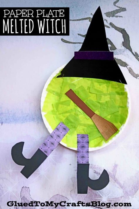 #gluedtomycrafts Paper Plate Melted Witch - Halloween Kid Craft Witch Crafts For Kids, Halloween Witch Crafts, Paper Plate Halloween, Spooky Halloween Crafts, Witch Crafts, Halloween Crafts Preschool, What Is Halloween, Kid Friendly Halloween, Fall Arts And Crafts