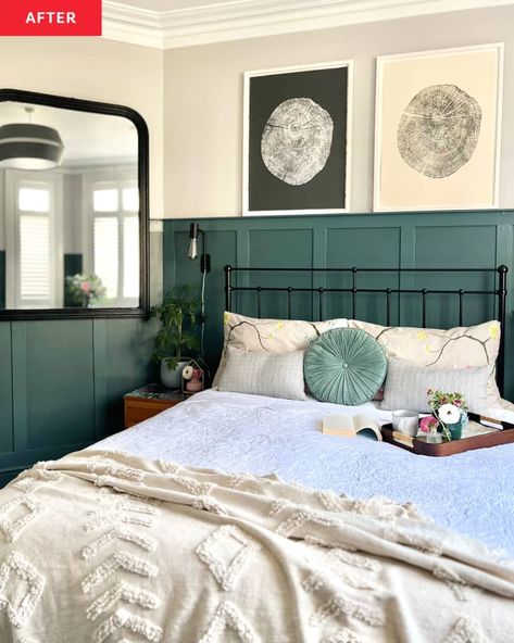 Teal Black And White Bedroom, Teal And White Bedroom, Blue And Grey Bedroom Ideas, Board And Batten Wainscoting, Blue And Grey Bedroom, Teal Bed, Plain Bedroom, Bedroom Teal, Moody Bedroom Ideas