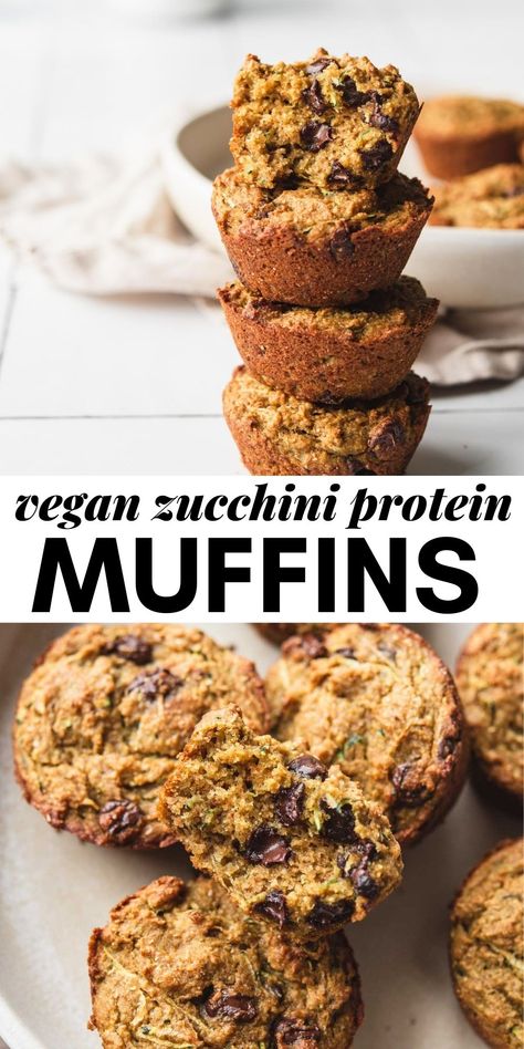 Sweet, moist and tender vegan chocolate chip zucchini muffins made with vanilla protein powder. Vegan Zucchini Muffins, Gluten Free Zucchini Muffins, Chocolate Chip Zucchini Muffins, Banana Diaries, Zucchini Muffin, Zucchini Muffins Healthy, Muffins With Chocolate Chips, Muffins With Chocolate, Zucchini Chocolate Chip Muffins