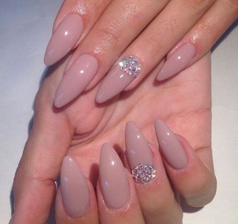 Nude Almond Shape Acrylic Nails w/ Rhinestones Light Pink Acrylic Nails, Pointy Nails, Pink Acrylic Nails, Homecoming Nails, Elegant Nails, Prom Nails, Rhinestone Nails, Stiletto Nails, Acrylic Nail Designs