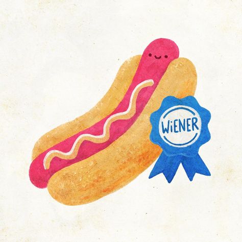 Wiener Winner 🌭🥇 Which hot dog topping takes it? I think for me, it’d have to be hot honey mustard and relish ✨ a little sweet, spicy, and savory . for #doodleadayjuly Grill challenge hosted by @ellolovey ❤️ . . #hotdogs #illustration #summerart #foodart #foodillustration #hotdoglovers #funnyart #punny #artchallenge #womenofillustration #womenwhodraw Hot Dog Drawing, Hot Honey Mustard, Dog Puns, Hot Dog Toppings, Young Art, Hot Honey, Mushroom Art, Dog Illustration, Vintage Typography