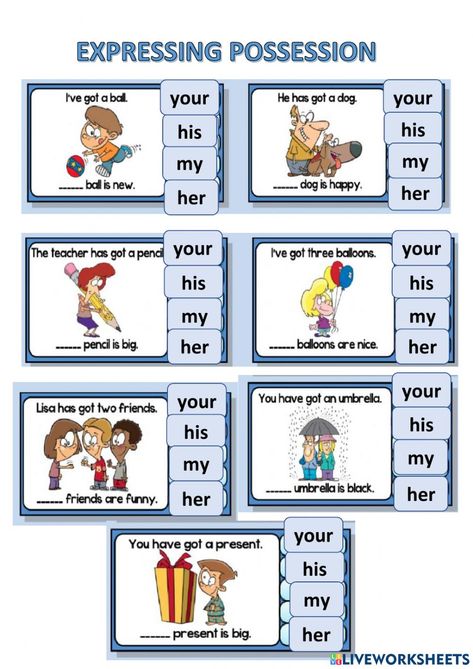 Possessive adjectives online worksheet for THIRD GRADE. You can do the exercises online or download the worksheet as pdf. Possesive Pronounce Worksheets, Possessive Adjectives For Kids, Possessive Adjectives Worksheets, Adjectives For Kids, English Pronouns, Adjectives Activities, Summer Preschool Activities, Possessive Nouns, Possessive Adjectives