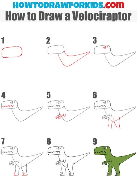 How to Draw a Velociraptor - step by step drawing tutorial Velociraptor Drawing Easy, How To Draw A Trex, Easy Dinasour Drawing, How To Draw A Dinosaur, How To Draw A T-rex, Raptor Drawing, Velociraptor Drawing, Easy Dinosaur Drawing, Raven Drawing