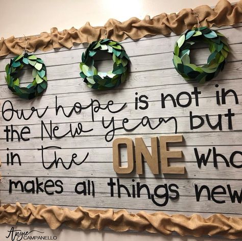 I posted this bulletin board a year ago after I made it for my mother-in-law’s classroom. It was my number 1 post of last year and is one… | Instagram New Year Christian Bulletin Board, New Years Church Crafts For Kids, Church New Year Bulletin Boards, January Sunday School Bulletin Boards, New Year Church Decorations, God Bulletin Board Ideas, Advent Bulletin Boards For Church, New Years Bulletin Board Ideas Church, Awana Bulletin Board Ideas