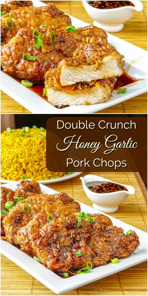 Pork Chops Juicy, Double Crunch, Honey Garlic Pork, Garlic Pork Chops, Honey Garlic Pork Chops, Pork Chop Recipes Baked, Pork Chop Dinner, Rock Recipes, Juicy Pork Chops