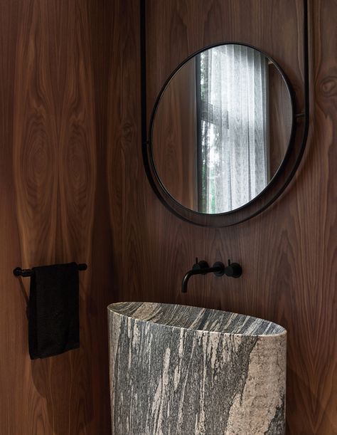 Listening Bar, Carved Sink, Los Angeles Interior Design, Interior Design Awards, Bathroom Inspo, Round Mirror, Hotels Design, Contemporary Bathroom, Shower Room