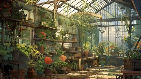 Fantasy Greenhouse Concept Art, Greenhouse Fantasy Art, Greenhouse Concept Art, Fantasy Greenhouse, Greenhouse Wallpaper, Greenhouse Art, Old Greenhouse, Dnd Campaign, Flowers Illustration