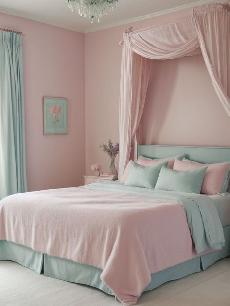 Pastel Bedding Soft Colors, Mint Green Boho Bedroom, Mint And Pink Bedroom, Mint Green Bedding, Sage Bedroom, Lavender Room, Pastel Bedding, Room Color Combination, Pastel Bedroom