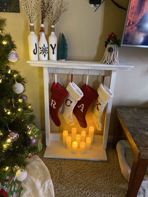 For when you don’t have a fireplace to hang stockings on! Stocking Placement No Fireplace, Where To Hang Stockings If No Fireplace, Fake Fireplace For Christmas, Stocking Ideas With No Fireplace, Stocking Hangers No Fireplace, Stocking Hanging Ideas No Fireplace, Hanging Stockings Without A Fireplace, Stocking Rack, Christmas Sticking