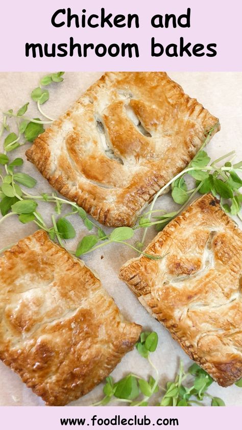 Overhead shot of 3 puff pastry chicken and mushroom bakes garnished with pea shoots. Puff Pastry Patties, Chicken Mushroom Puff Pastry, Puff Pastry And Chicken Recipes, Chicken Puff Pastry Recipes, Chicken And Mushroom Bake, Spinach Puffs Recipe, Mushroom Bake, Quorn Chicken, Puff Pastry Recipes Savory