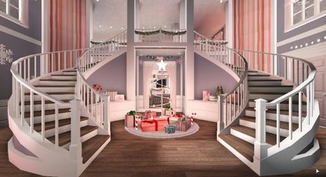 Bloxburg Double Staircase, Staircase Bloxburg Ideas, Bloxburg Sorority House, Bloxburg Grand Entrance, Bloxburg Grand Staircase, Stairway Bloxburg, Bloxburg Stairway, Bloxburg Custom Stairs, Foyer Bloxburg