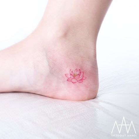 Simple Colored Tattoos For Women, Colorful Meaningful Tattoos For Women, Lotus Tattoo With Color, Korean Lotus Tattoo, Lotus Tattoo Colorful, Small Lotus Flower Tattoo Wrist Simple, Lotus Tattoo Watercolor, Colored Lotus Tattoo, Fine Line Color Tattoo