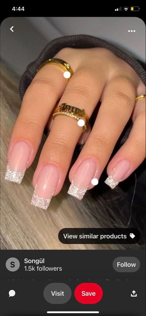 Prom And Graduation Nails, Square French Tip Acrylic Nails Sparkle, Mail Ideas For Prom, Mail Ideas French Tip, White Gliterry French Tip Nails, Glitter French Manicure Square, Icicle French Tip Nails, Birthday Nails French Tip Glitter, White And Glitter French Tip Nails