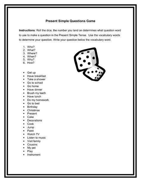 Present Simple Wh-Questions Game Present Simple Activities Games, Wh Questions Games, Esl Beginners, Bridal Shower Question Game, Bridal Shower Questions, English Practice, Simple Present Tense, Question Game, English Games