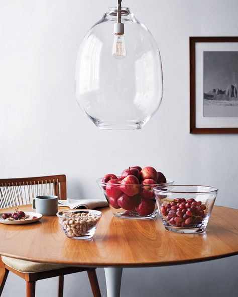 Leontine Linens, Handblown Glass Pendant, Simon Pearce, Dining Table Lighting, Tiki Drinks, Martha Stewart Living, Sustainable Furniture, Glass Pendant Lamp, Floral Tea