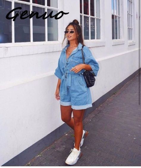 b29eed44276144e4e8103a661f9a78b7desc49879579ri Denim Playsuit Outfit, Denim Romper Outfit, Playsuit Outfit, Playsuits Outfit, Denim Playsuit, Denim Outfits, Wide Leg Romper, Blue Boots, Clothing Trends