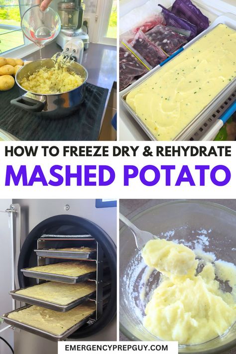 A step-by-step process showing how to freeze dry and rehydrate mashed potatoes for long-term emergency food storage. Rehydrating Freeze Dried Food, Freeze Dried Gifts, Diy Freeze Dried Meals, Freeze Dried Meals, Freeze Dried Meat, Harvest Right Freeze Dryer, Best Freeze Dried Food, Freezing Vegetables, Freeze Dryer