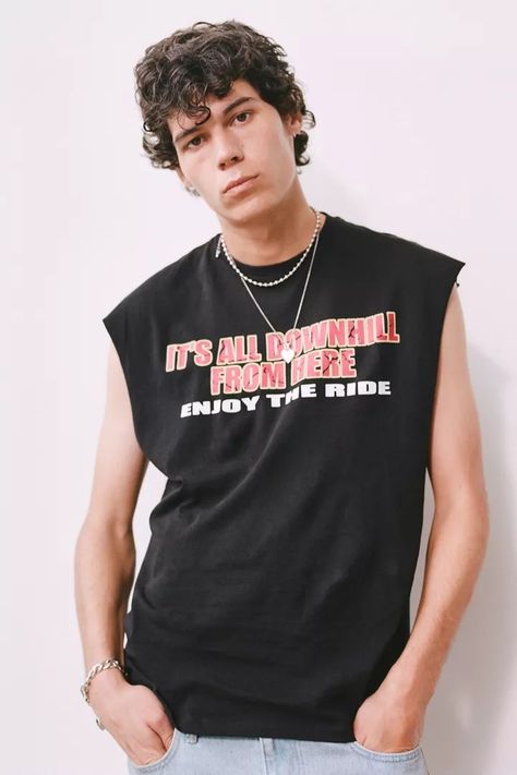 Muscle Tee Outfit Men, Muscle Tee Outfits, Oc Moodboard, Graphic Muscle Tee, Cut Tank Top, 80s Men, Tank Outfit, Diy For Men, Fits Inspo