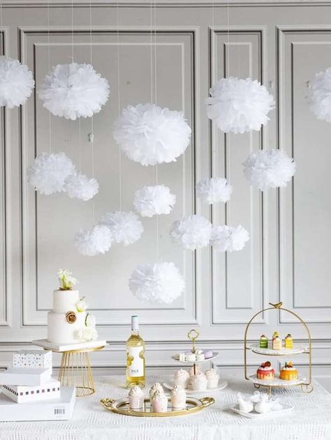 Tissue Paper Pom Poms Decoration, Pom Pom Decorations, Paper Pom Pom, Outdoor Birthday, Sky Lanterns, Tissue Paper Pom Poms, Paper Pom Poms, Paper Lanterns, Backdrops For Parties