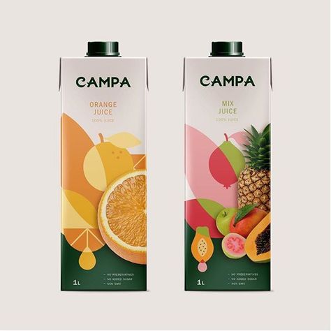 Menta Branding @mentabranding - Rebranding for Campa one of the leading brands of juice in Georgia. We redesigned a custom wordmark that reflects quality and warmth. Also developed a bespoke illustration system that allowed us to play with photography color and fruit shapes with simplicity. The solution separates from typical commercial packagings. #branding #juice #packaging #fruit . Feature: @worldbranddesign Submit: worldpackagingdesign.com/submit . #packaging #branddesign #packagingdesign #b Healthy Fruit Juice, Fruit Juice Packaging, Juice Branding, Drinks Packaging Design, Fruit Packaging, Juice Packaging, Healthy Fruit, Cool Packaging, Tea Packaging