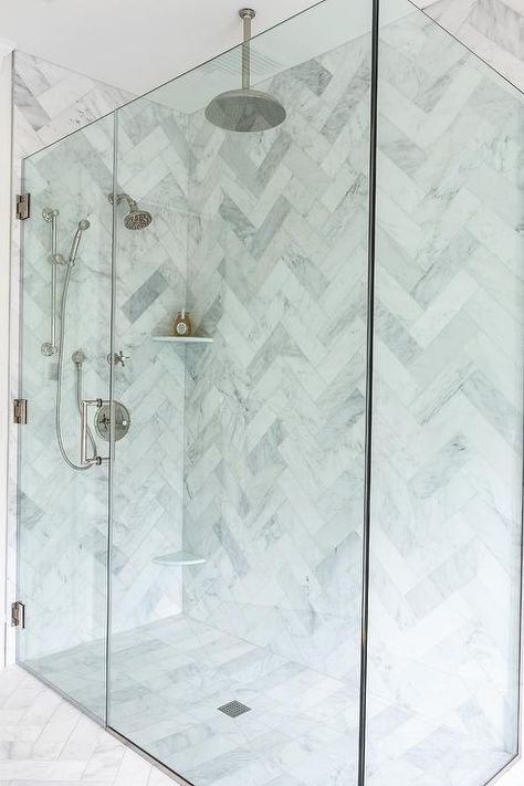 Herringbone Shower, Cleaning Bathroom Tiles, Marble Herringbone, Frameless Glass Doors, Shower Wall Tile, Marble Wall Tiles, Marble Showers, Shower Floor Tile, Marble Tile Floor