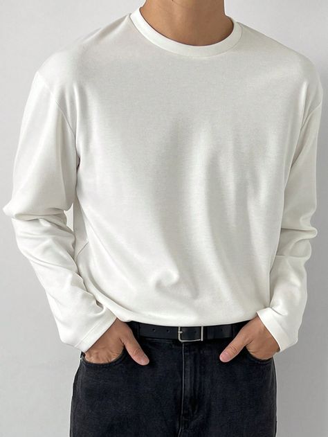 White Casual Collar Long Sleeve Fabric Plain  Embellished Non-Stretch  Men Clothing Black Long Sleeve Shirt Outfit, White Long Sleeve Shirt Outfit, 23 Bday, White Tees Outfit, White Tshirt Outfit, White Tee Men, Long Sleeve Shirt Outfits, Mens Smart Casual Outfits, Longsleeve Men