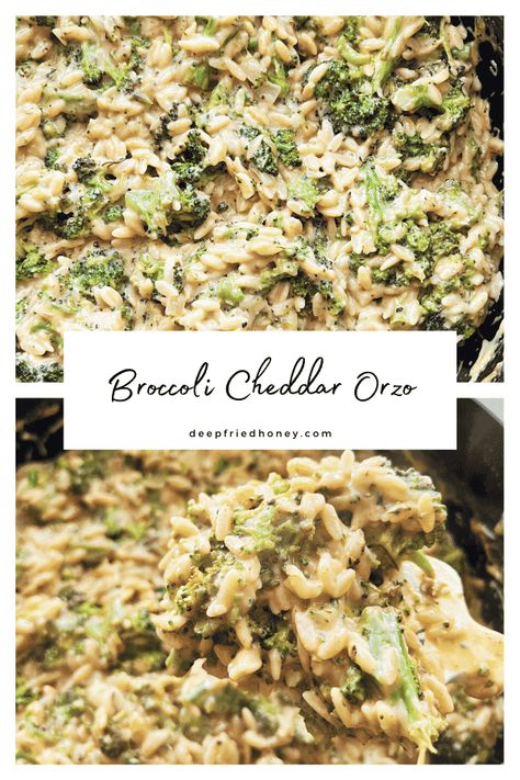 This Broccoli Cheddar Orzo is creamy, cheesy, and filling. A perfect side dish or meatless Monday main, it only takes half an hour! #broccolicheese #pasta #deepfriedhoney #recipes #meatlessmonday Orzo And Broccoli Recipe, Broccoli Cheddar Orzo, Cheddar Orzo, Broccoli And Cheese Recipe, Pesto Orzo, Ground Beef And Broccoli, Vegetarian Kids, How To Make Broccoli, Orzo Recipes