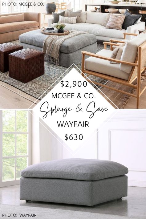 Mcgee And Co Living Room, Upholstered Coffee Tables, Mcgee And Co, Rolled Arm Chair, Rectangle Ottoman, Mcgee & Co, Ottoman Coffee Table, Ottoman In Living Room, Studio Mcgee