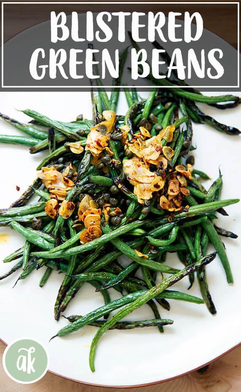 Spicy, blistered green beans with sizzling garlic and capers — so fast and good! Here, green beans blister and char in under 5 minutes under the broiler; meanwhile, in a small skillet on the stovetop, garlic, crushed red pepper flakes, and capers infuse in oil. Together, the combination is irresistible! #greenbeans #broiled #blistered #garlic #chilies #spicy Alexandra Cooks, Blistered Green Beans, Sides Veggies, Green Beans With Garlic, Bon Appetite Recipes, Garlic Green Beans, Crushed Red Pepper, Crushed Red Pepper Flakes, Elephant Ears