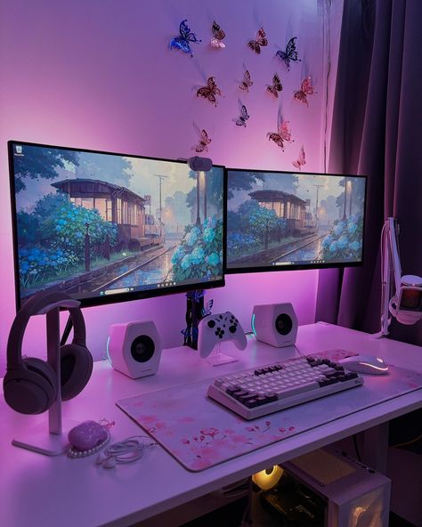 🌸🦋 #desk #desksetup #setup #gamingsetup Setup Gamer Girl, Gamer Girl Setup, Games Room Inspiration, Setup Gamer, Gamer Setup, Gamer Room Decor, Video Game Room Design, Gaming Room Setup, Office Crafts