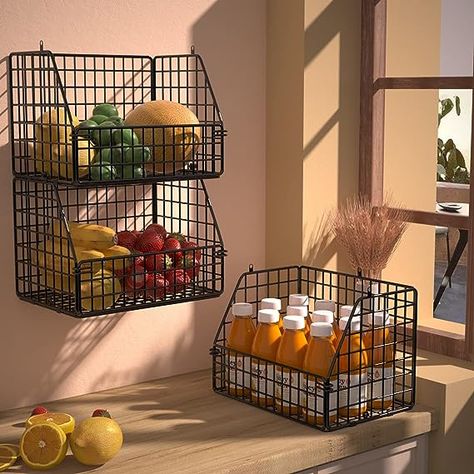 PUPPYCUTE 3 PACK Stackable Wire Storage Baskets for Kitchen Closet Pantry, Hanging Closet Organizers Storage Shelves Organization, Wall Mount Metal Basket Bins, Clothing Vegetable & Fruit Organizer Pantry Organization Baskets, Organize Clothes, Bathroom Containers, Pantry Bin, Diy Rangement, Pantry Wall, Wire Basket Storage, Metal Basket, Vegetable Storage