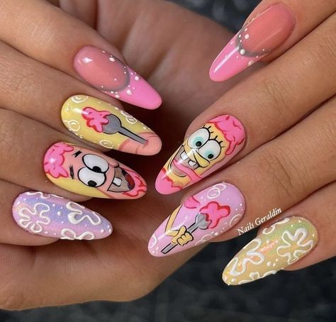 Pikachu Nails, Easter Nails Designs, Beach Nails Art, Spongebob Nails, Spring Nails Art, Nails Cartoon, Cartoon Nail Designs, Disney Acrylic Nails, 2023 Beach