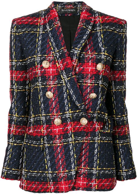 Balmain checked tweed blazer + affiliate Colorful Blazers, Red Tweed Jacket, Tartan Blazer, Blue Tweed Jacket, Blazer Tweed, Balmain Jacket, Red Blazer Jacket, Cl Fashion, Checkered Blazer