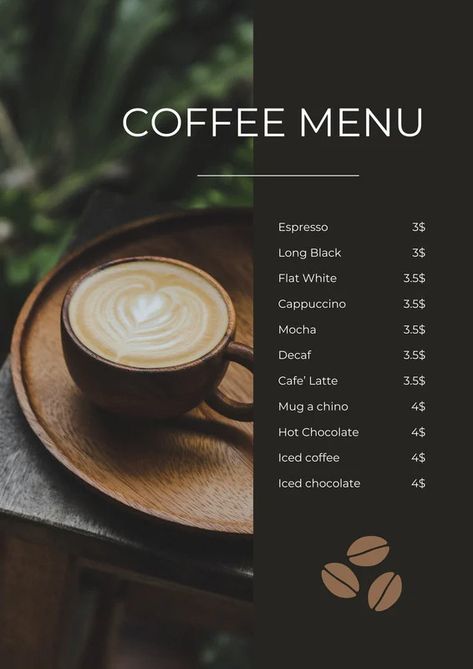 Basic Menu For Coffee Shop, Coffee Shop Menu Design Templates, Cafe Template Design, Menu Design For Cafe, Coffee Menu Graphic Design, Coffee Menu Design Ideas Layout, Menu Design Ideas Cafe, Cafe Menu Design Layout, Coffee Menu Design Ideas