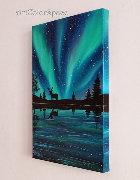 "Original painting \"Northern Lights\" by ArtColorSpace. ➢ABOUT THIS PAINTING The painting handmade executed professional oil paints on canvas. The sides of the canvas are painted in the background painting. Looking at this painting you can be admired at how inventive Mother Nature. So, Aurora Borealis is a natural phenomenon, which is most known as the Northern lights. The glow of the upper layers of the atmospheres of planets that have a magnetosphere, as a result of their interaction with cha Aurora Borealis Painting, Painting Starry Night, Sky Landscape Painting, Lights Painting, Northern Lights Art, Northern Lights Painting, Paint Inspo, Acrylic Painting Inspiration, Background Painting