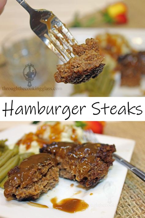 Hamburger Steaks | Through the Cooking Glass Hamburger Steak In Oven, Hamburger Hash, Hamburger Steak Recipes, How To Cook Hamburgers, Hamburger Steaks, How To Make Hamburgers, Steak In Oven, Onion Burger, Easy Steak Recipes