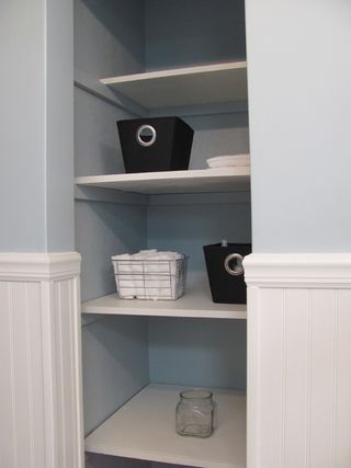 hmm... remove closet door in bathroom and use pretty containers for open shelving? Open Linen Closet, Remove Closet, Bath Closet, Garage Gyms, Farmhouse Makeover, Beadboard Bathroom, White Beadboard, Beadboard Wainscoting, Bathroom Closet Organization