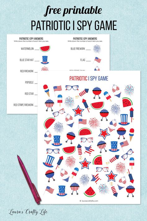 Patriotic I Spy Printable. Free printable I Spy game for Memorial Day, 4th of July, and Labor Day. Download the I Spy game to use on its own, or with the answer sheet. 4th Of July Speech Therapy Activities, I Spy Printable, Patriotic Activities, Memorial Day Coloring Pages, July Colors, Blue Fireworks, I Spy Games, Spy Games, Math Education