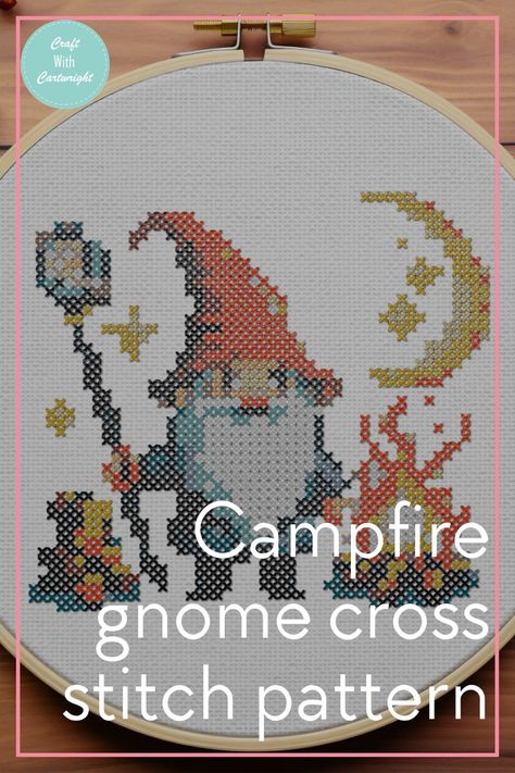 Free campfire gnome cross stitch pattern - Craft with Cartwright Gnome Cross Stitch, Campfire Cross Stitch, Gnome Cross Stitch Pattern Free, Gnome Christmas Cross Stitch Pattern, Small Gnome Cross Stitch Pattern, Gnome Cross Stitch Bookmark, Diy Giveaway, Free Cross Stitch Charts, Free Chart