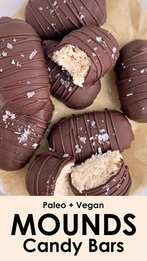 These easy mounds candy bars are a healthy spin on the classic mounds bars. They have a shredded coconut and coconut cream filling that's shaped, chilled and then coated in dark chocolate. #mounds #vegancandy #candybars #homemadecandy #paleo Healthy Mounds Bars, Paleo Candy Bars, Homemade Mounds, Mounds Bars Recipe, Paleo Chocolate Recipes, Coconut Cream Filling, Healthy Paleo Desserts, Mounds Bars, Mounds Candy