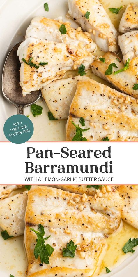 Paired with an irresistible lemon garlic butter sauce, this barramundi recipe is simple, quick, and easy - but don't let that fool you... It's OH-so-delicious! If you haven't tried this mild and amazingly flaky fish yet, this restaurant-quality recipe will convince you to take the plunge. Barramundi Recipes, Lemon Garlic Butter Sauce, Recipes List, Lost 50 Pounds, Easy Seafood, Garlic Butter Sauce, Beef Tips, Fish Dinner, Best Keto Diet