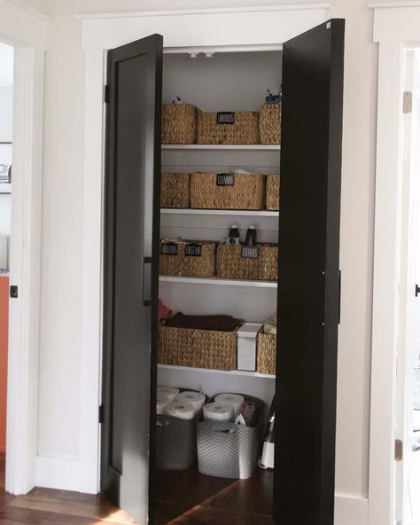 Black Kitchen Pantry Doors, Small Double Door Pantry, Pantry No Door, Pantry Double Door Ideas, Pantry Double Doors, Black Pantry Door, Double Door Pantry, Double Pantry Doors, Modern Farmhouse Pantry